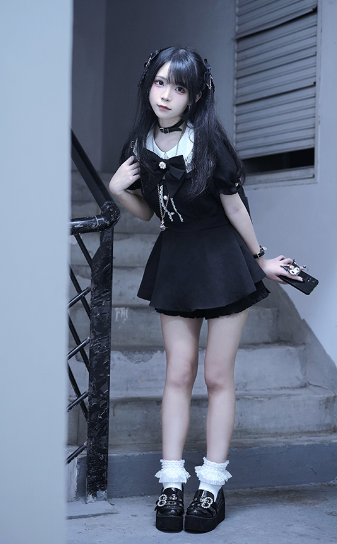 Jirai Kei Set Up Blue Black Pink Blouse And Shorts 21646:332098