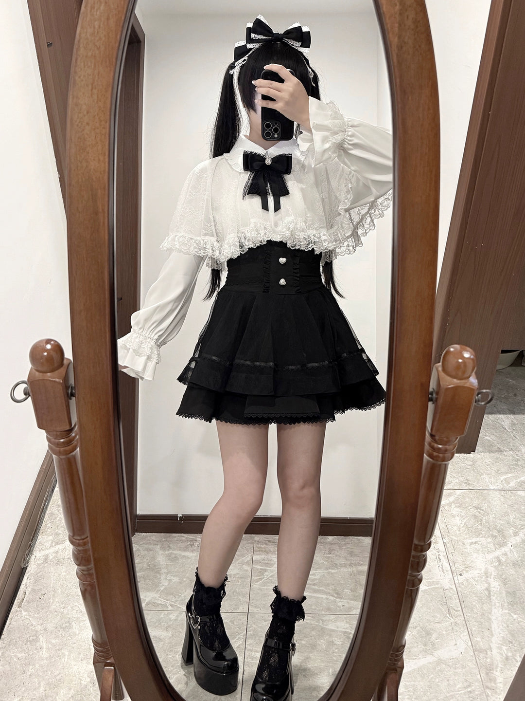 Jirai Kei Lace-cape Blouse, High-waist Skirt Outfit 43933:790395