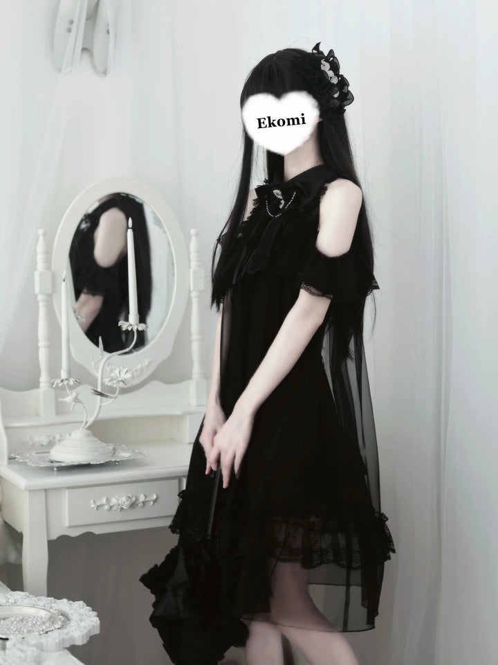 Seiso Kei Open Shoulder Dress, Black Tulle Overlay 45555:854186