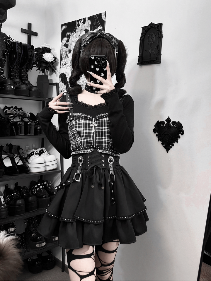 Jirai Kei Skirt Outfit, Top With Detachable Camisole 44809:822669