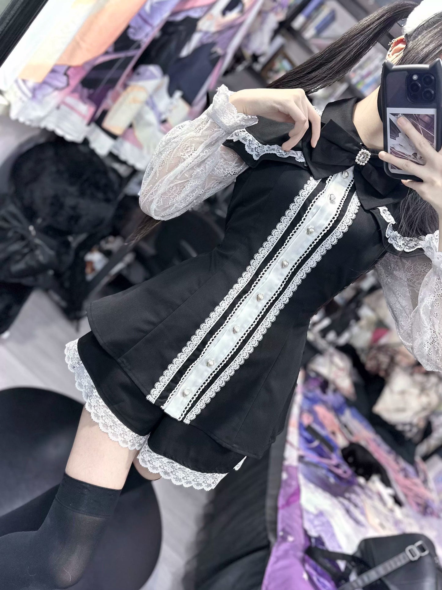 Jirai Kei Dress Set Lace Sleeve Black Cape Outfit Sets 37456:561398
