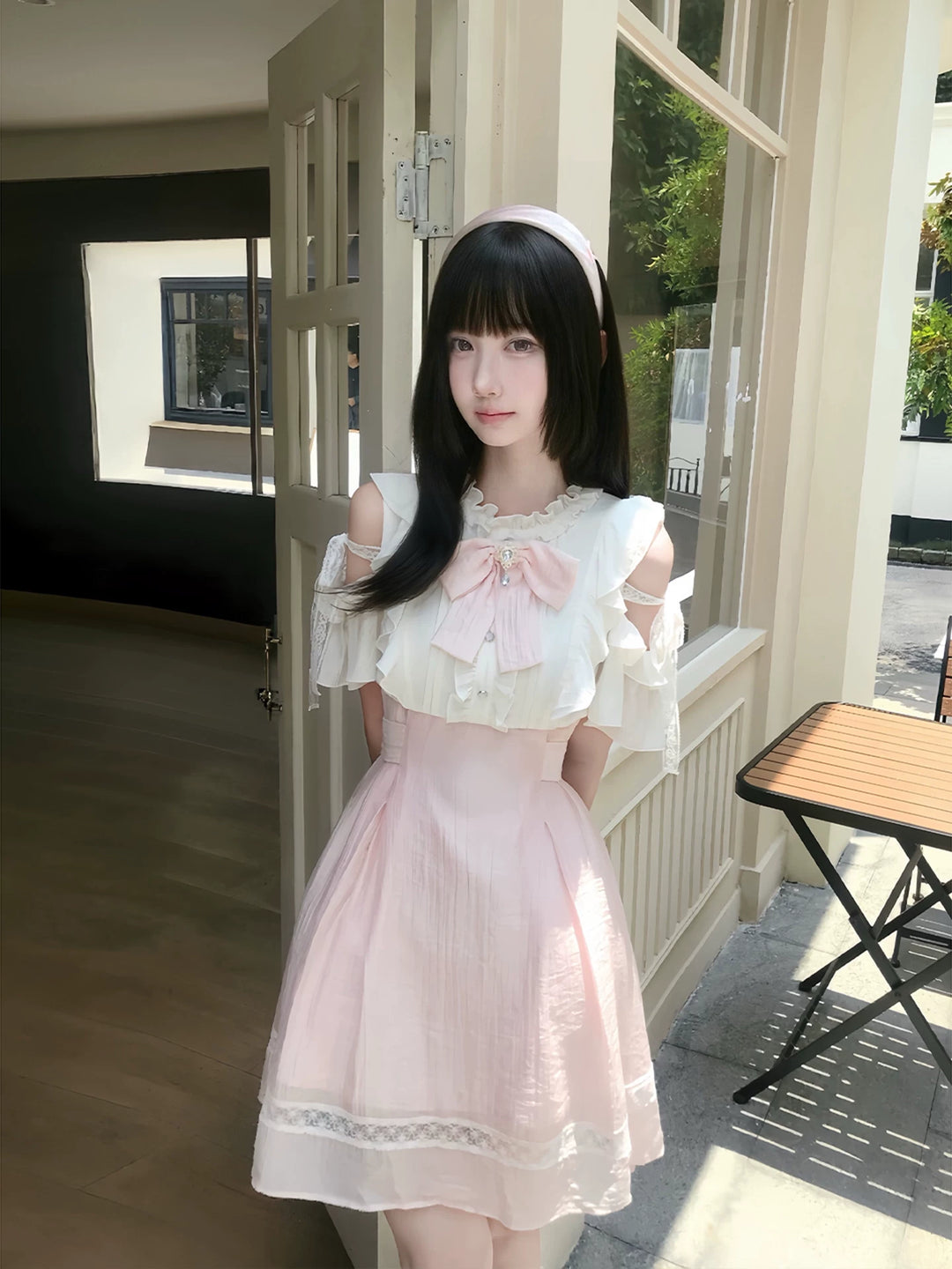 Ryousangata Lace Open Shoulder Dress, Pink & White (L M S) 45751:863616