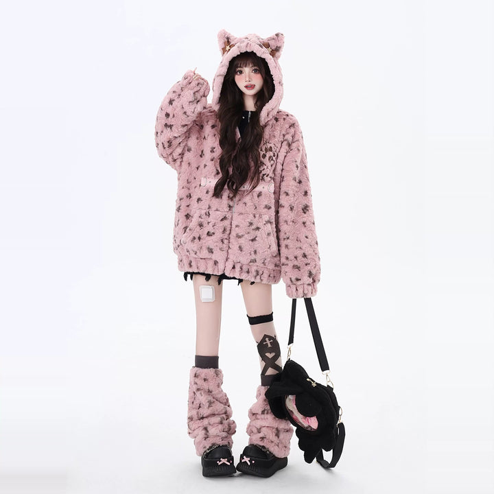 Jirai Kei Fleece Coat Leopard Print Hooded Jacket 40746:677832