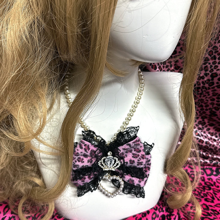 Gyaru Leopard Pearl Necklace, Crown and Heart Rhinestone 45563:852829