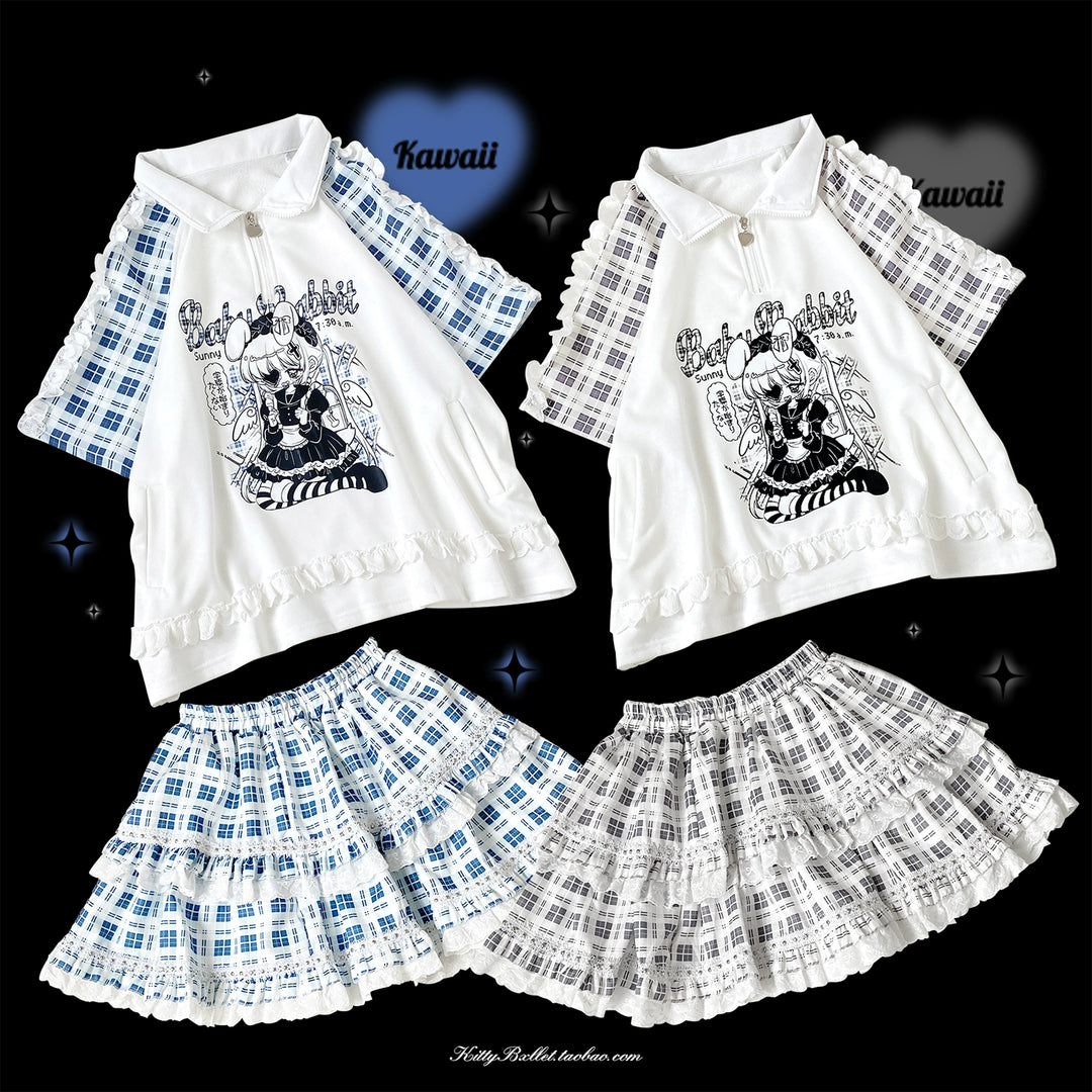 Jirai Kei Outfits Polo Collar Shirt Plaid Skirt 38322:598312