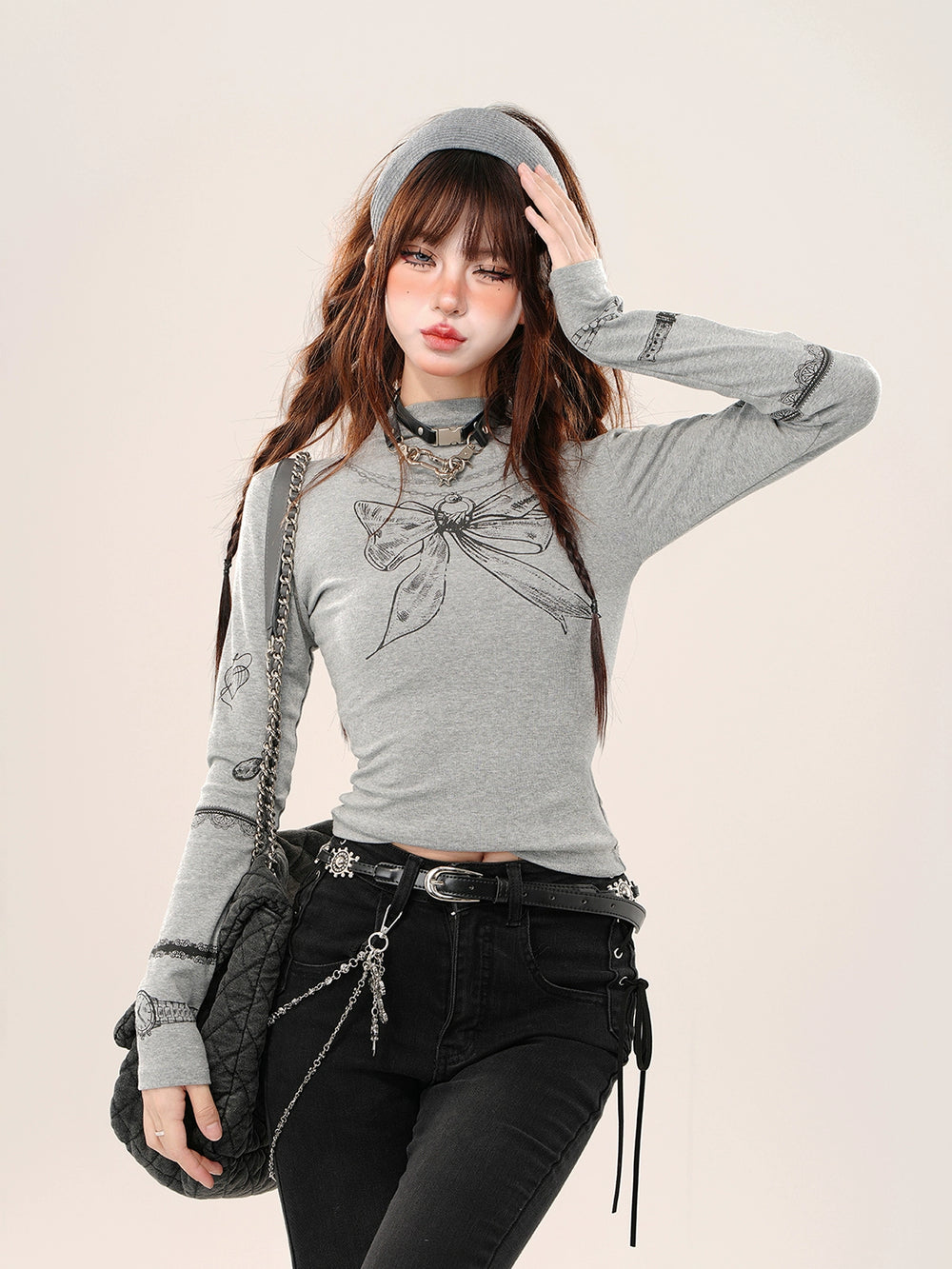 Gyaru Fashion Shirt Half High Collar Long-Sleeve Slim Fit Top (Grey / L M S) 41792:713766