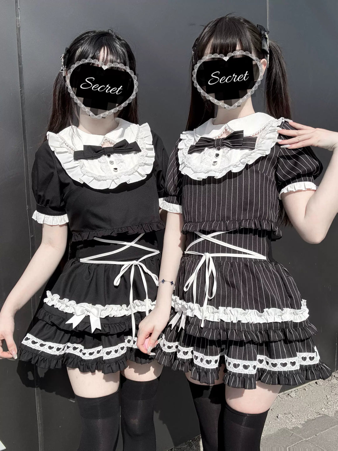 Jirai Kei Striped Blouse and Skirt Set, Pearl-trimmed Collar 45333:848627