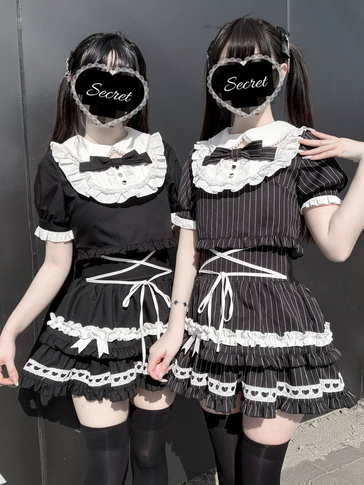 Jirai Kei Striped Blouse and Skirt Set, Pearl-trimmed Collar 45333:848627