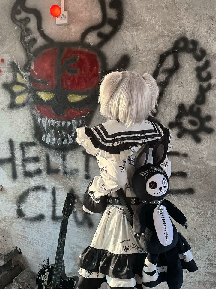 Yami Kawaii Sailor Collar Dress with Grommet Belt & Skull Prints 42856:755589