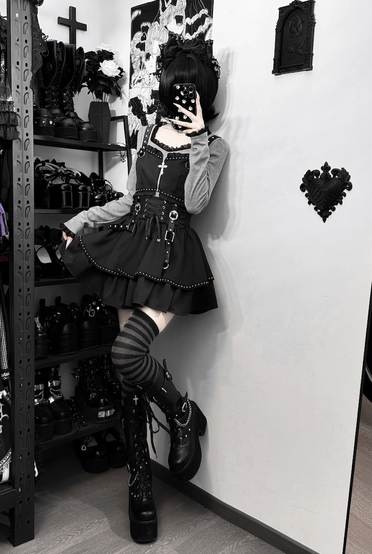 Jirai Kei Skirt Outfit, Top With Detachable Camisole 44809:822674