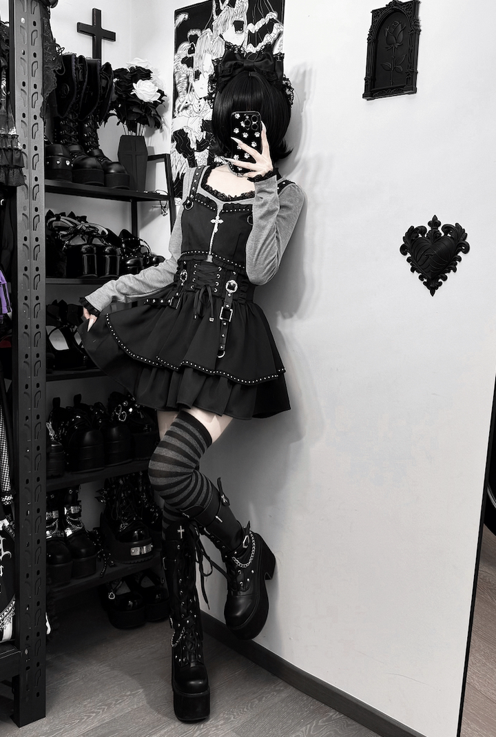 Jirai Kei Skirt Outfit, Top With Detachable Camisole 44809:822674