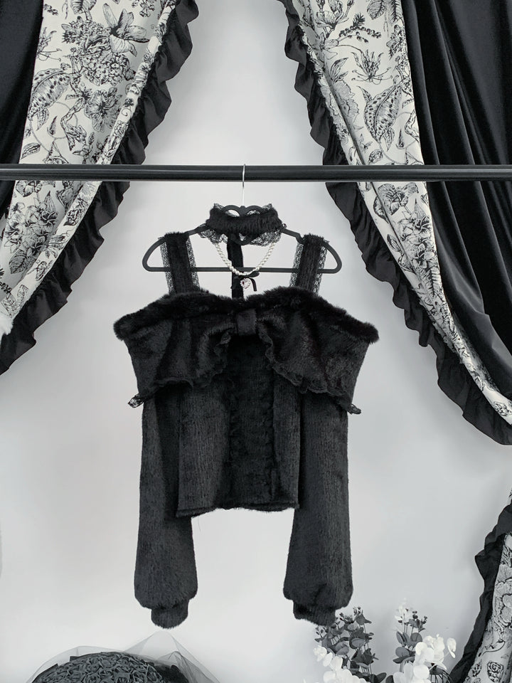 Open-Shoulder Plush Top, Choker with Pearl-Like Chain (L M S XL) 44114:801532