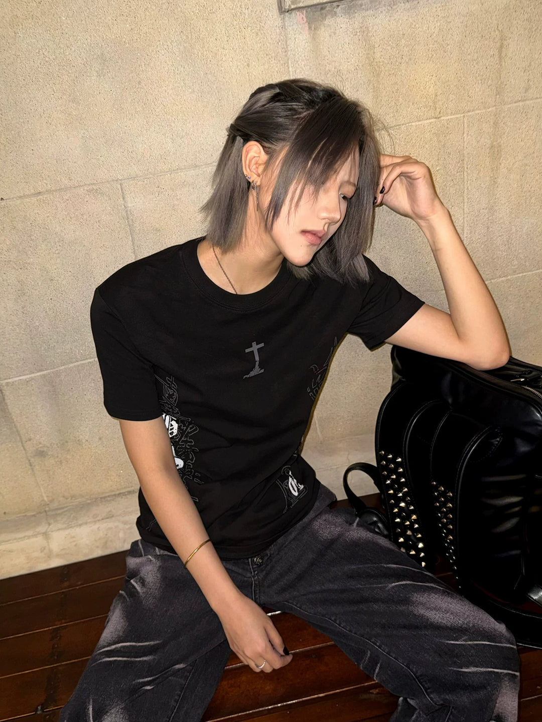 Subculture Black Printed T-shirt, Standard Shoulder Cut 45697:859417
