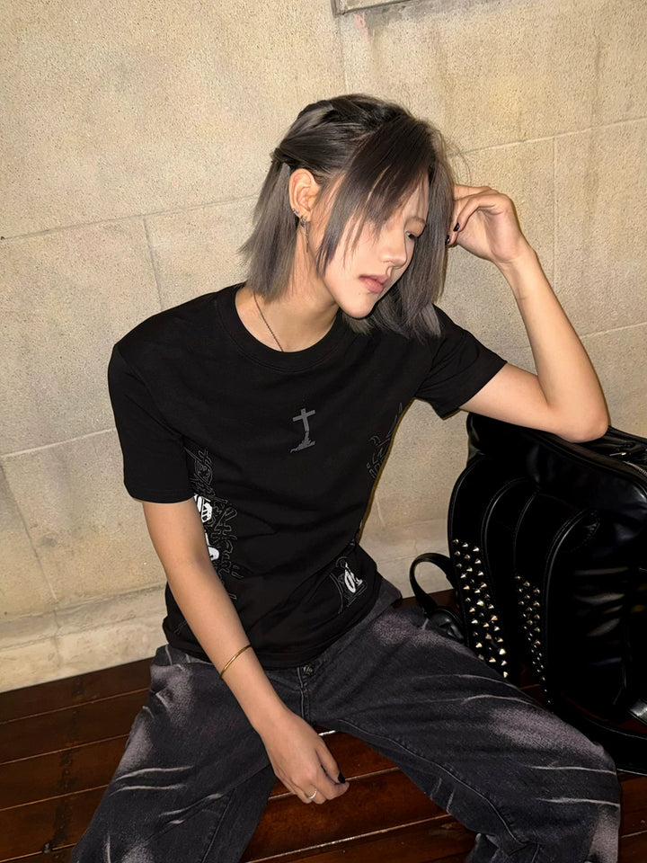 Subculture Black Printed T-shirt, Standard Shoulder Cut 45697:859417