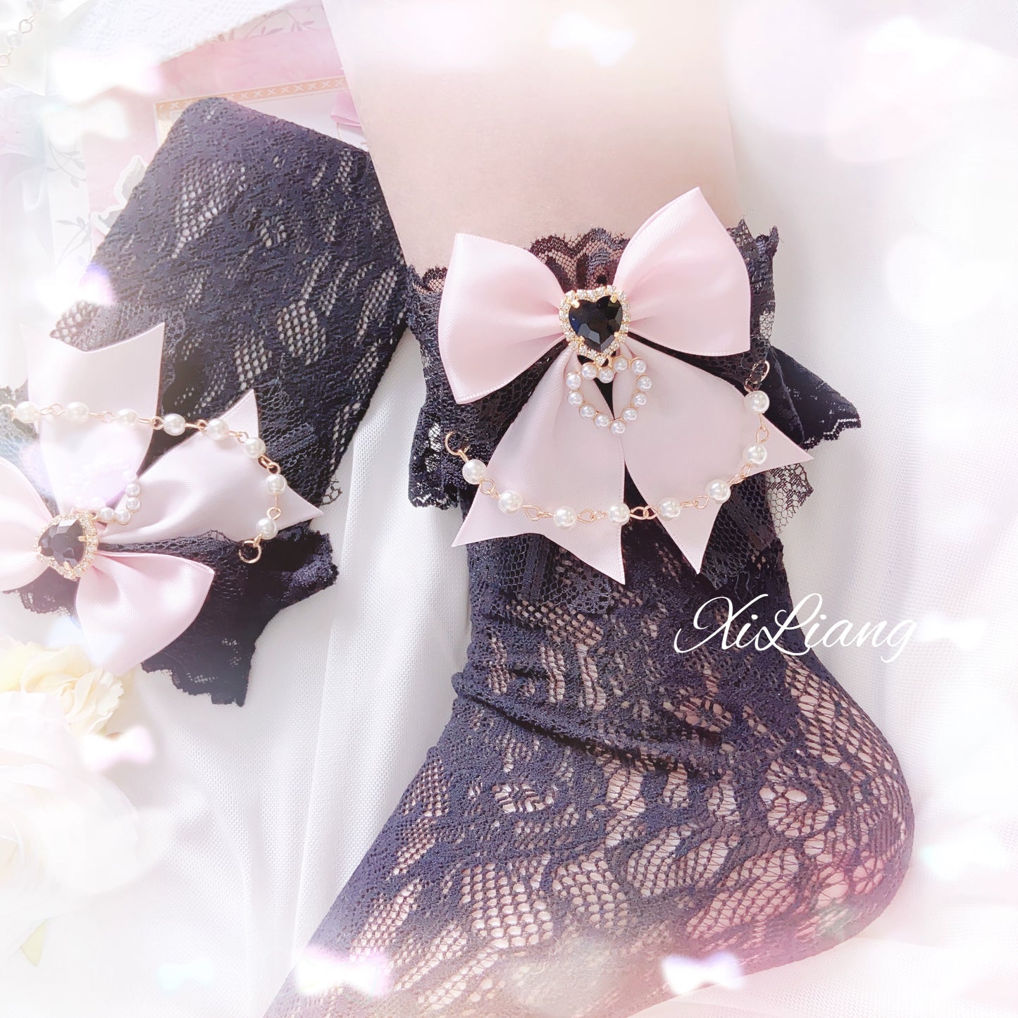 Jirai Kei Handmade Bow Pearl Heart Lolita Lace Socks 28904:326722