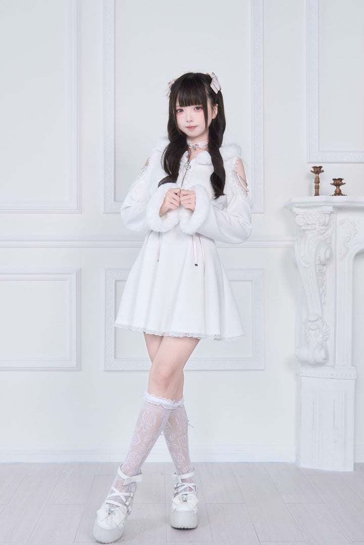 Open-Shoulder Jirai Kei Dress, Oversized Hood 43940:789821