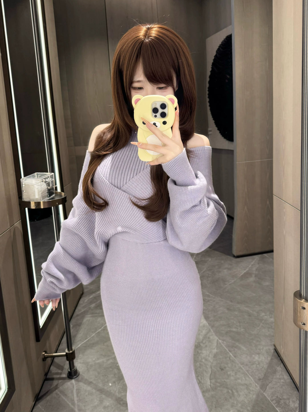 Seiso Kei Knitted Bodycon Dress, Open Shoulder L / Purple Seiso Kei Knitted Bodycon Dress, Open Shoulder L / Purple