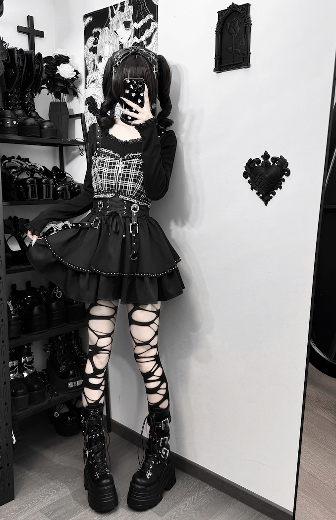 Jirai Kei Skirt Outfit, Top With Detachable Camisole 44809:822682