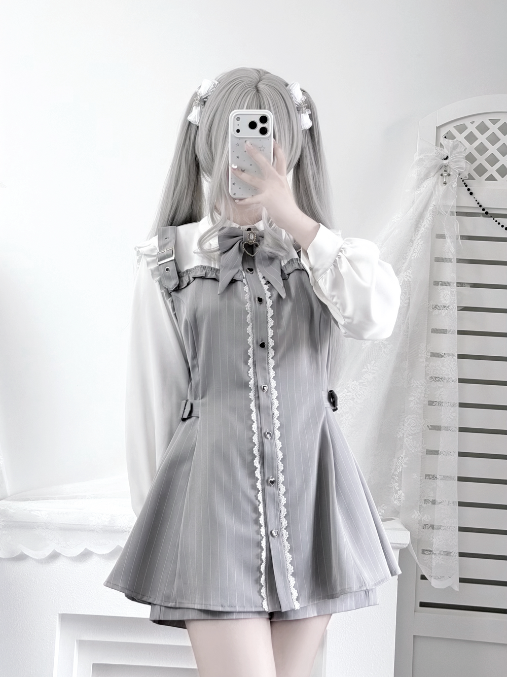 Jirai Kei Striped Dress, Contrast-color Long Sleeve (L M S XL) 45795:865644