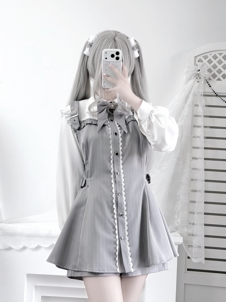 Jirai Kei Striped Dress, Contrast-color Long Sleeve (L M S XL) 45795:865644