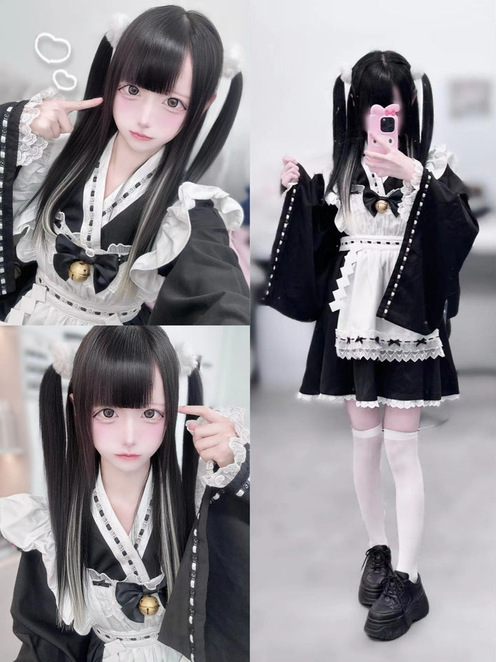 Kawaii Black Maid Blouse Flutter Sleeve Apron Suspender Skirt Set 42282:735193