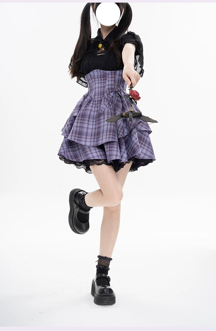 Gyaru Purple Plaid Dress With Lace Trim And Black Bolero 22508:323424