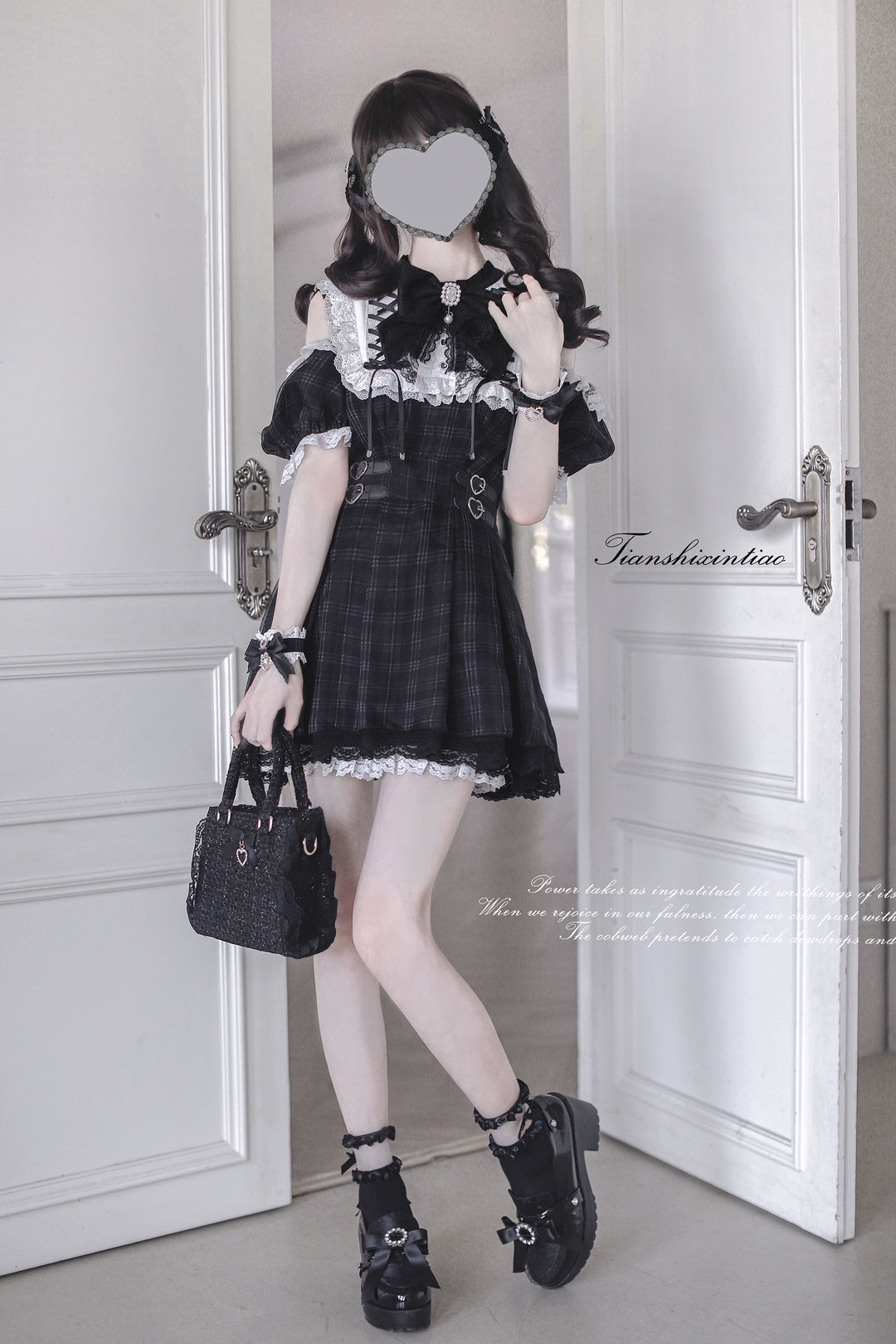 Off-Shoulder Jirai Kei Dress Set with Bow Tie & Safety Shorts 42705:761427