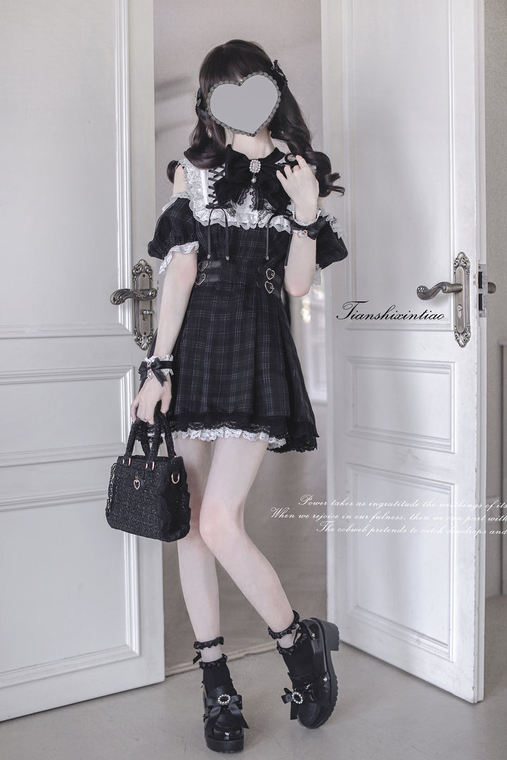 Off-Shoulder Jirai Kei Dress Set with Bow Tie & Safety Shorts 42705:761427