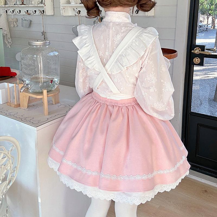 Kawaii Outfit White Maid Blouse And Pink Skirt With Apron 42283:734793