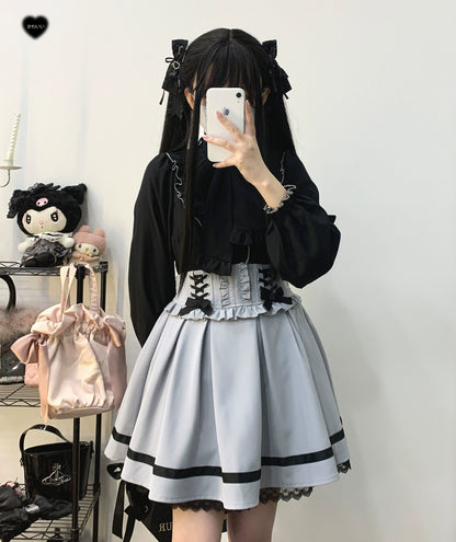 Jirai Kei White Black Blouse Lace Standing Collar Long Sleeved Shirt 31852:372698
