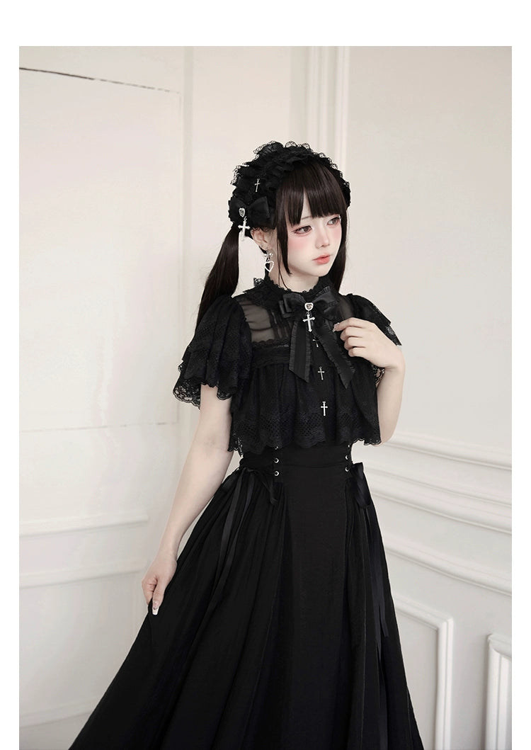 Black / White Jirai Kei Long Dress, Detachable Bow, Cross Detail S / White Dress + Wide-Ribbon Collar Bow