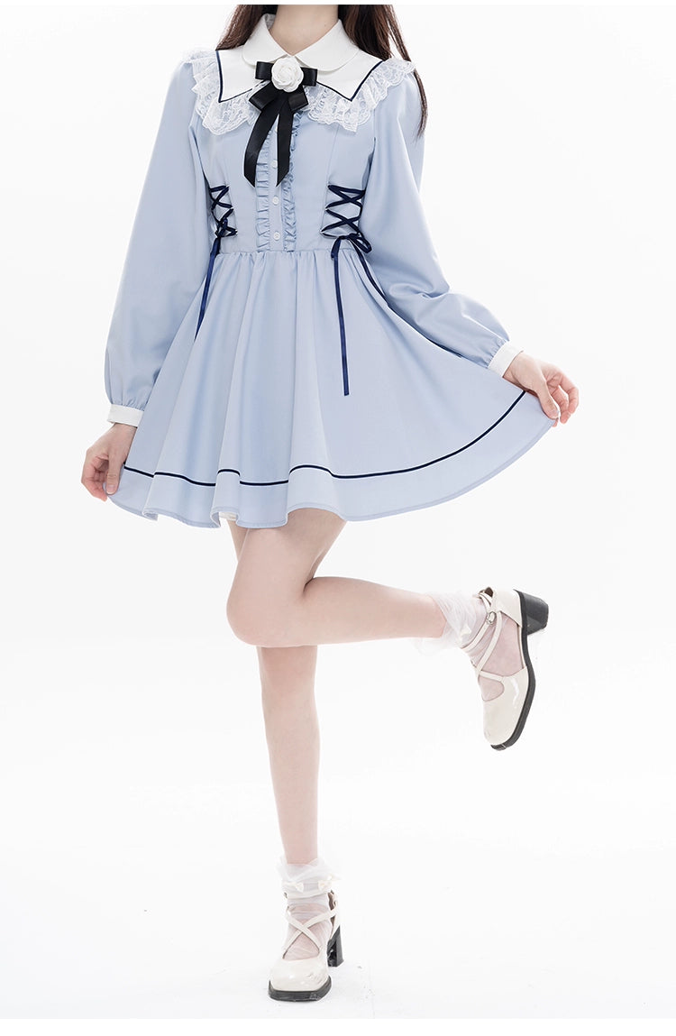 Kawaii French Style Light Blue Long Sleeve Ribbon Dress 21990:325078 21990:325078