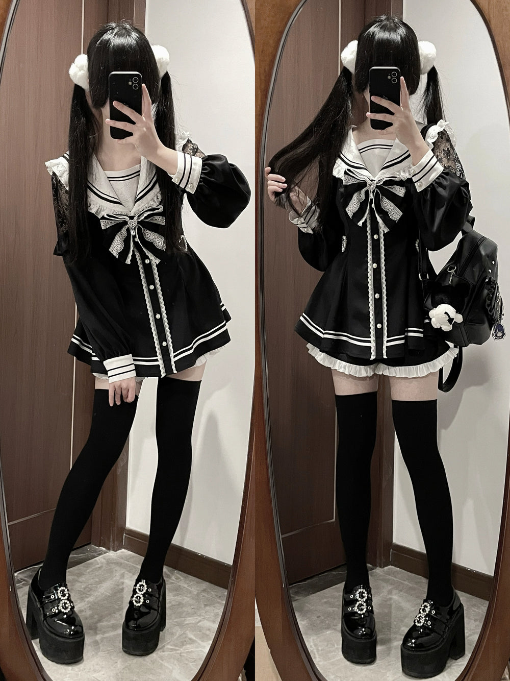 Jirai Kei Set Up Blue Black Set Sailor Collar Long-sleeved Dress 34502:461954 34502:461954