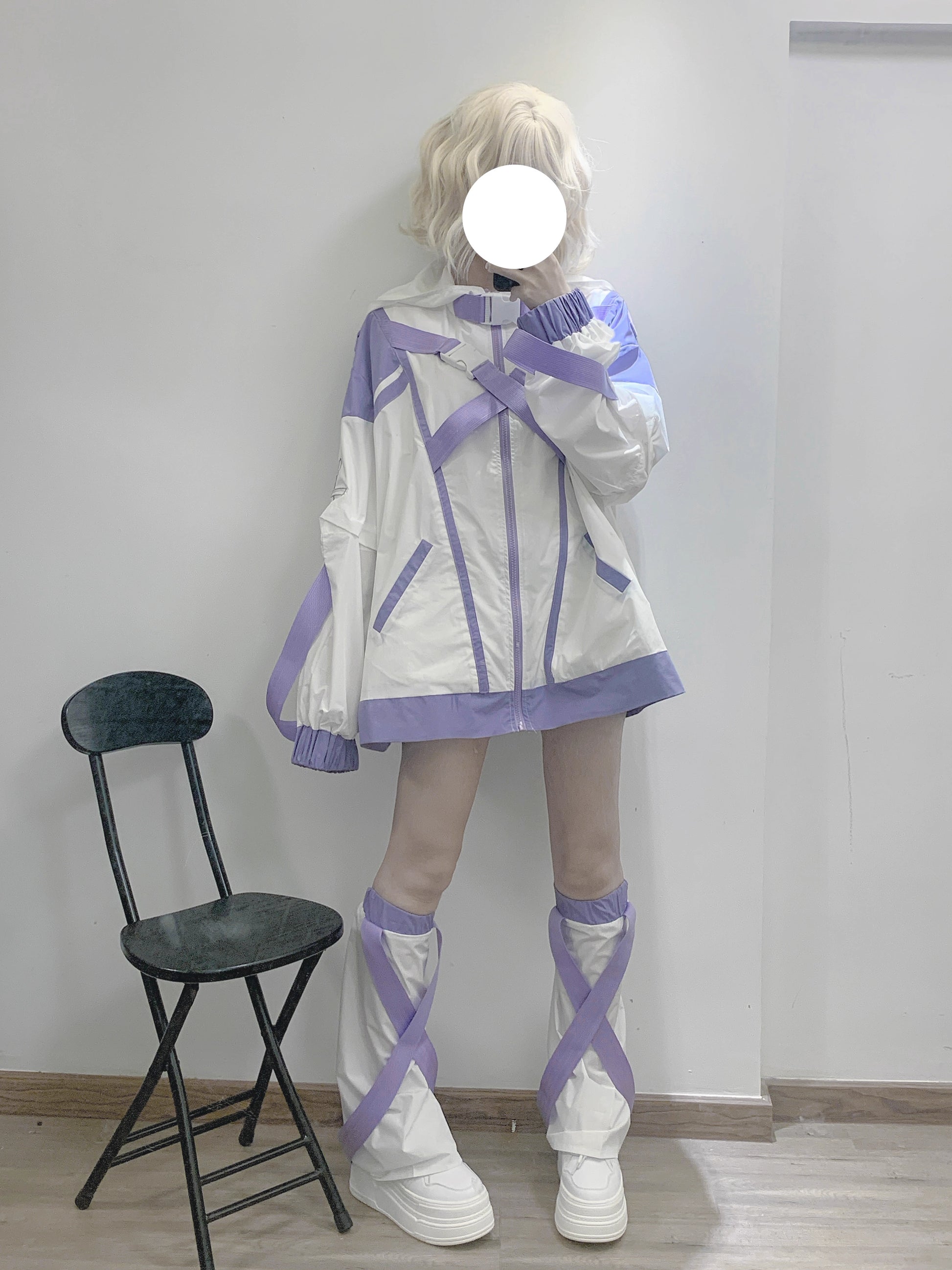 Jirai Kei Hoodie Set Oversize White Purple Sports Coat Set 37124:552958