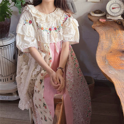 Mori Kei Cottagecore Dress Floral Dress Lantern Sleeves Dress (F) 36216:524322