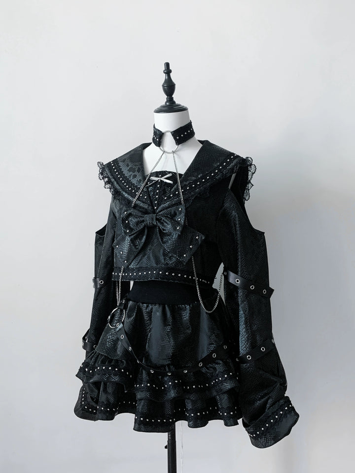 Subculture Black Top & Skirt Set, Snakeskin-Like Style (L S) 44771:827669