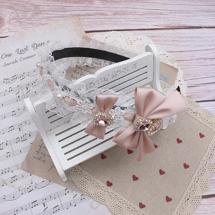 Jirai Kei Lace & Ribbon Headband, Heart-Shaped Rhinestone 45076:837721