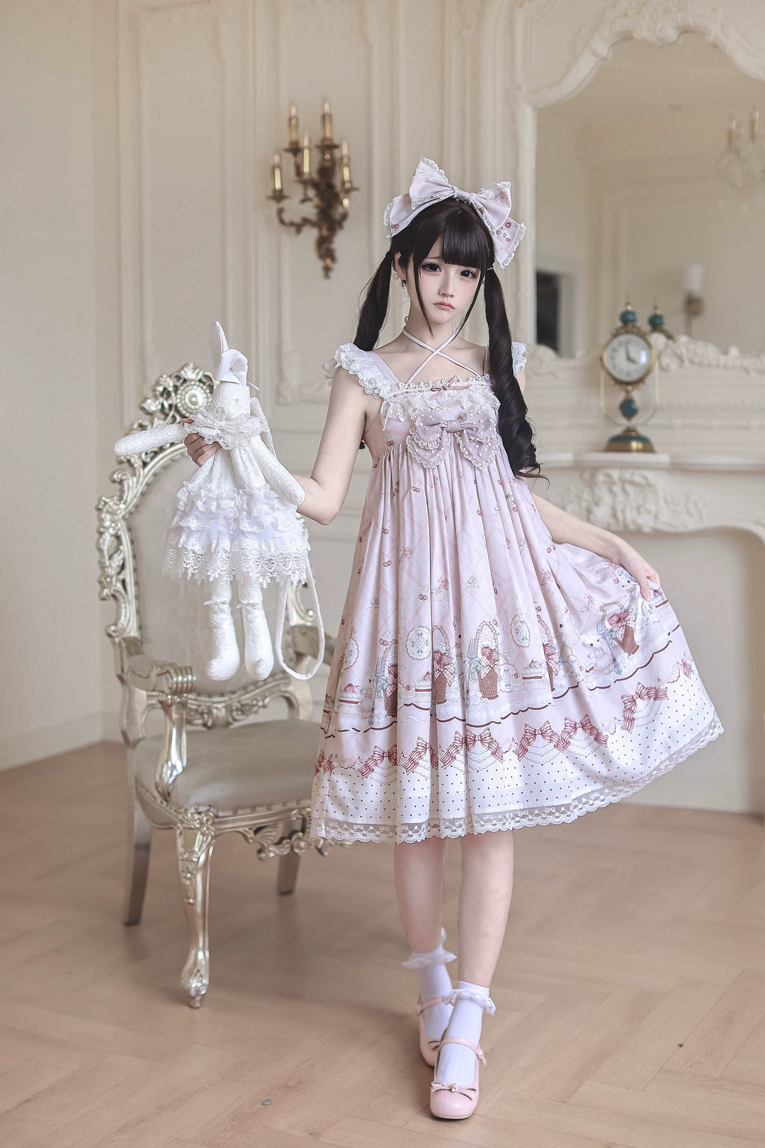 Strawberry Bunny Printed Kawaii Lolita Dress, Halter Neckline 45456:857965