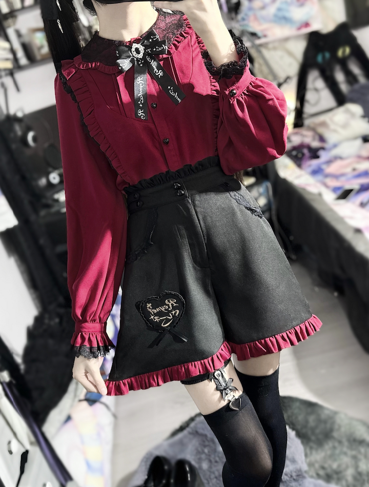 Jirai Kei Lace Collar Long Short Sleeve Blouse and Shorts 21648:558846