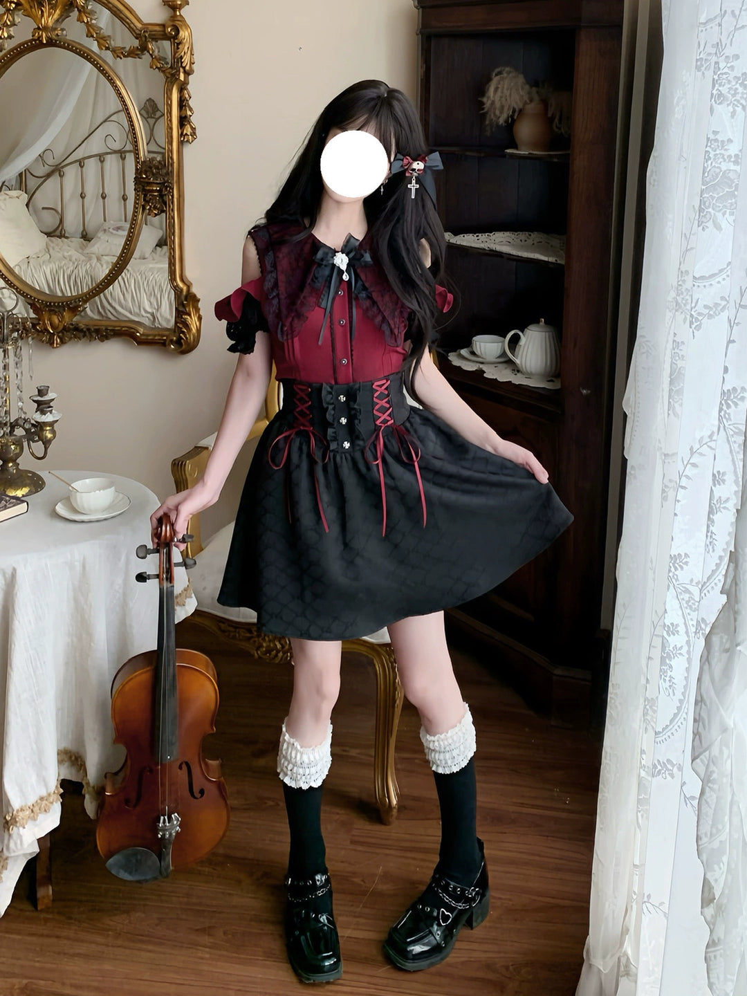 Black and Red Jirai Kei Set Up, Lace Pointed Collar 43726:783605