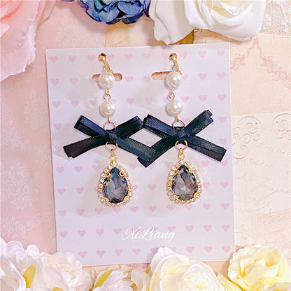 Black Jirai Kei Earrings Heart Rhinestone Bow Ear Clips 33796:449938