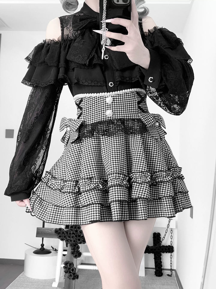 Jirai Kei Lace Skirt, Black Jacquard And Houndstooth Style 44163:801155