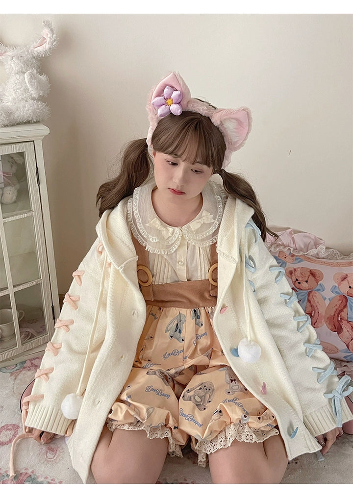 Kawaii White Pink Blue Cardigan Bunny Ears Sweater Coat 22658:345358 22658:345358