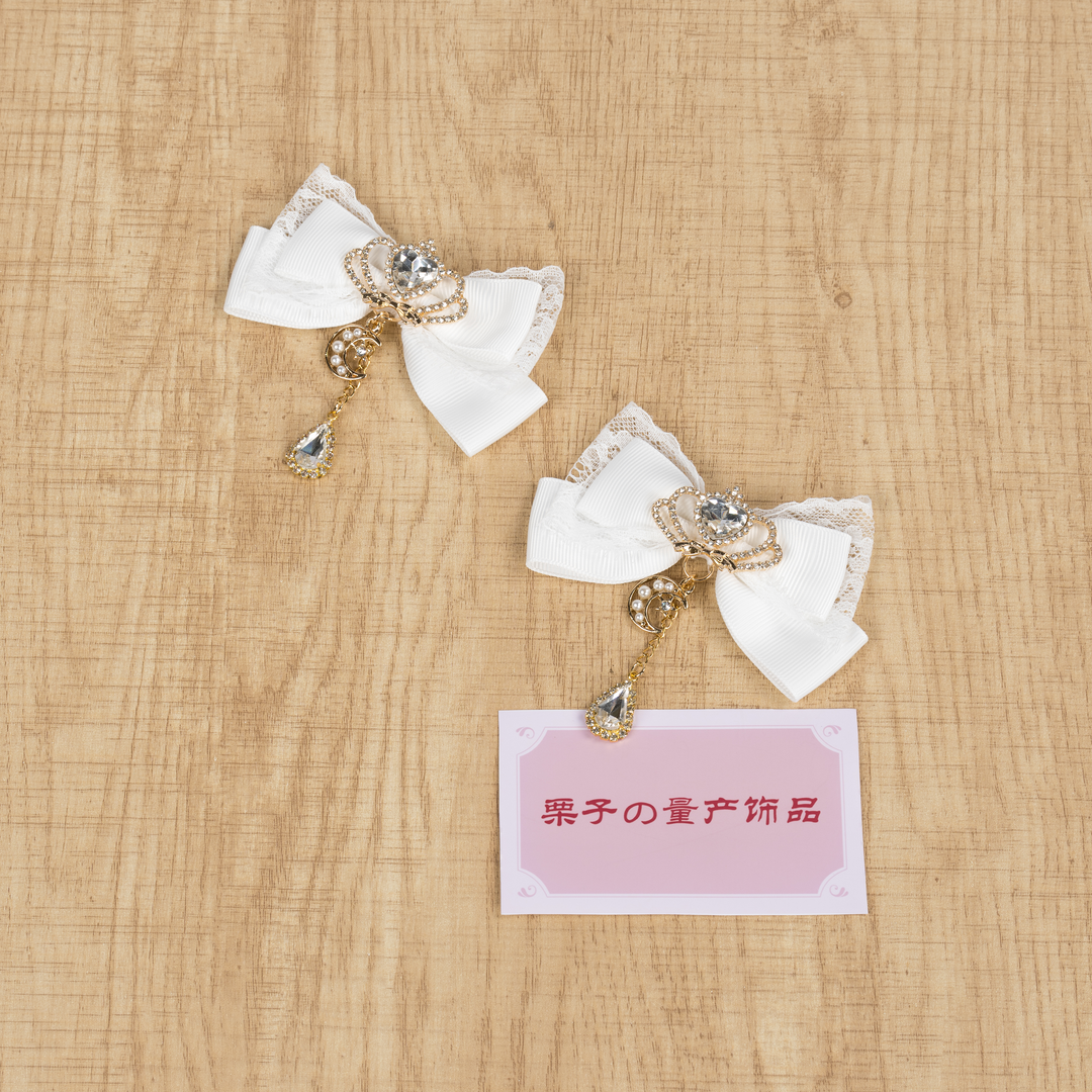 Jirai Kei Bow Hair Clips, Rhinestone Crown and Pearl Chain 44194:802719