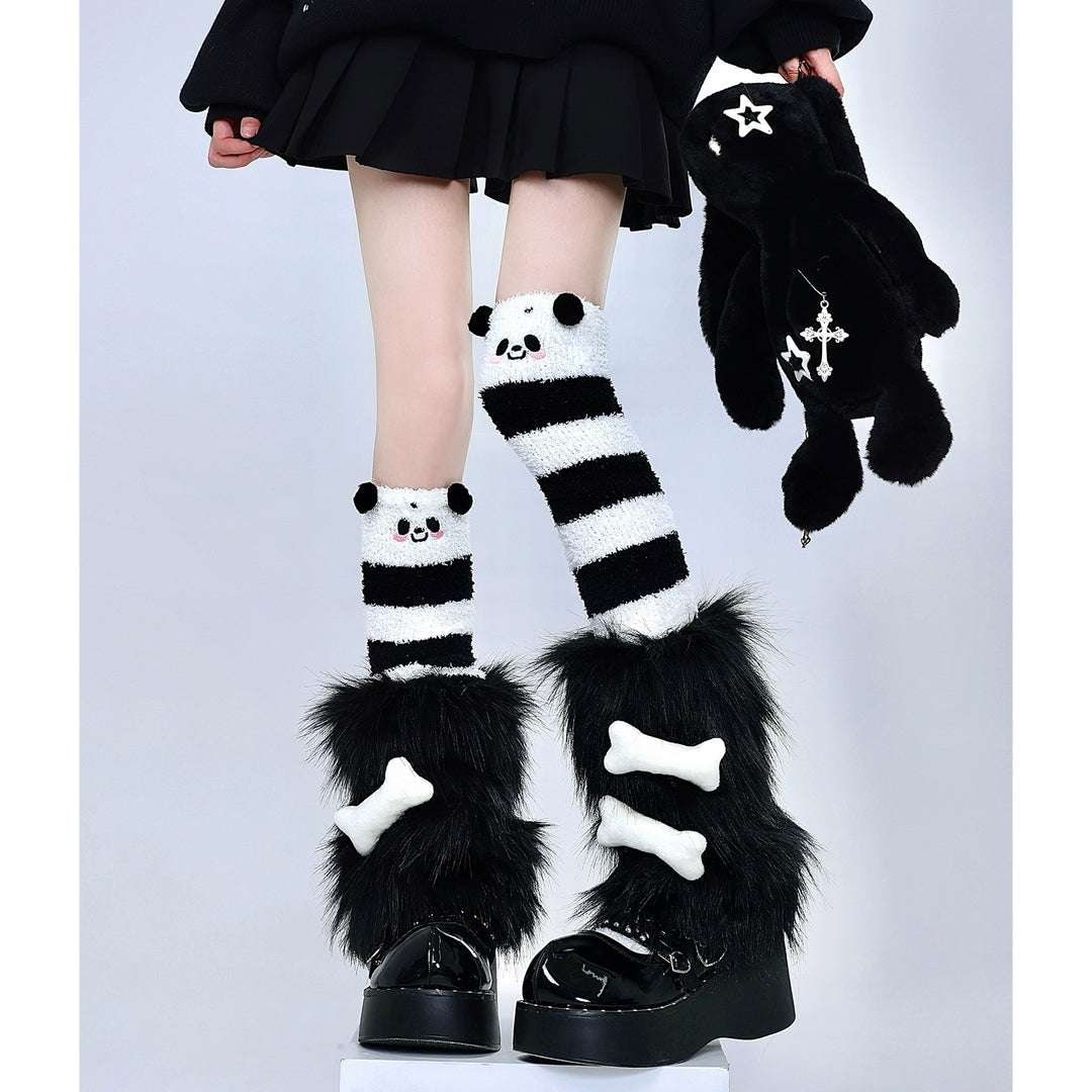 Y2K Socks Black Plush Leg Warmers Striped Knee Socks 39750:640750