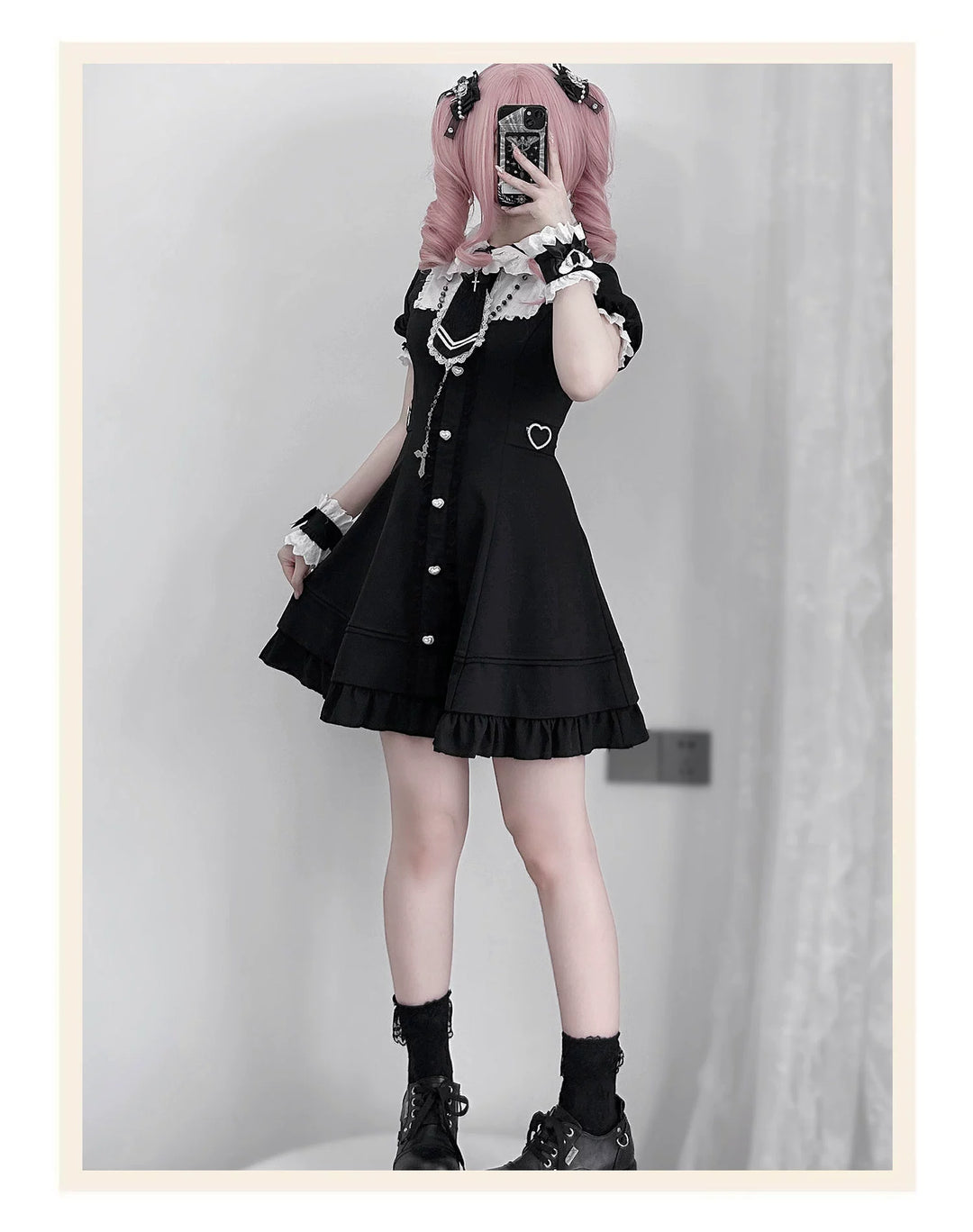 Black and White Jirai Kei Dress, Back Lace-Up 43613:780932