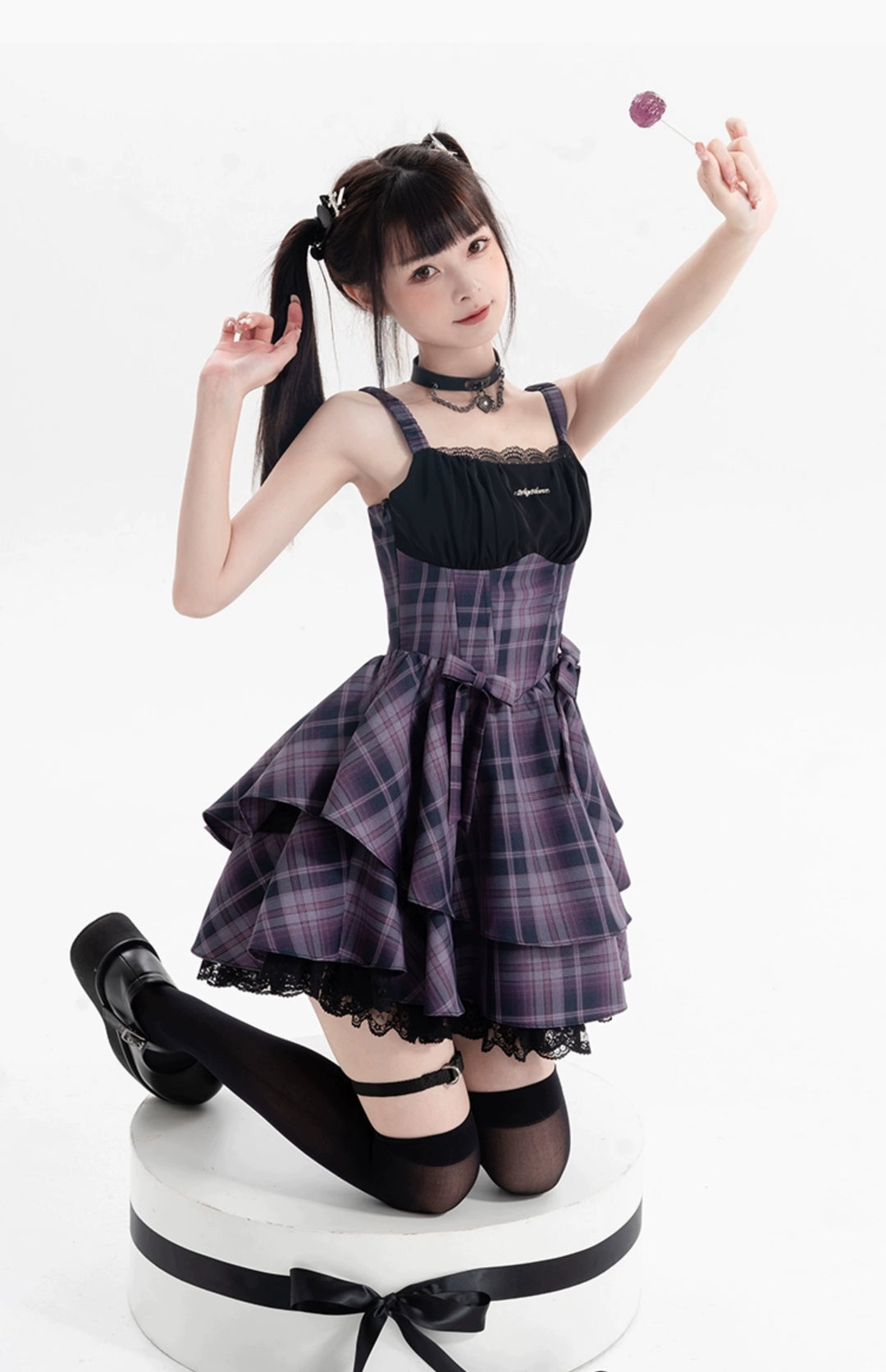 Gyaru Purple Plaid Dress With Lace Trim And Black Bolero 22508:323456