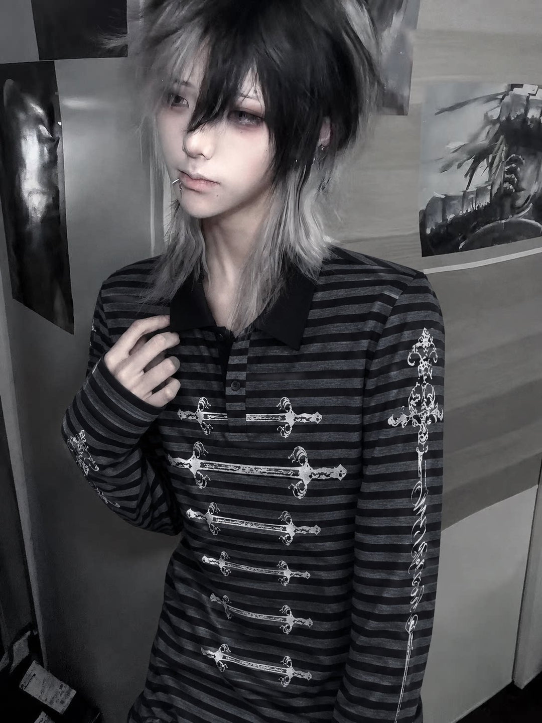 Gothic Striped Long Sleeve Polo Shirt, Carved Swords Print 46067:874786