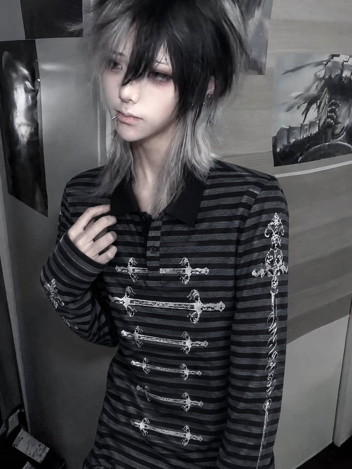 Gothic Striped Long Sleeve Polo Shirt, Carved Swords Print 46067:874786