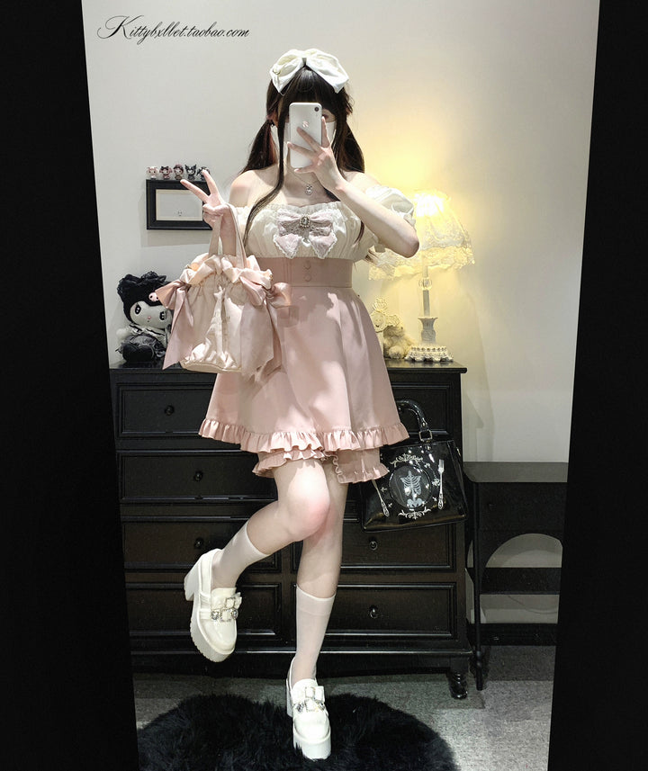 Puff Sleeve Jirai Kei Dress with Lace Bow and Shorts 43072:764377